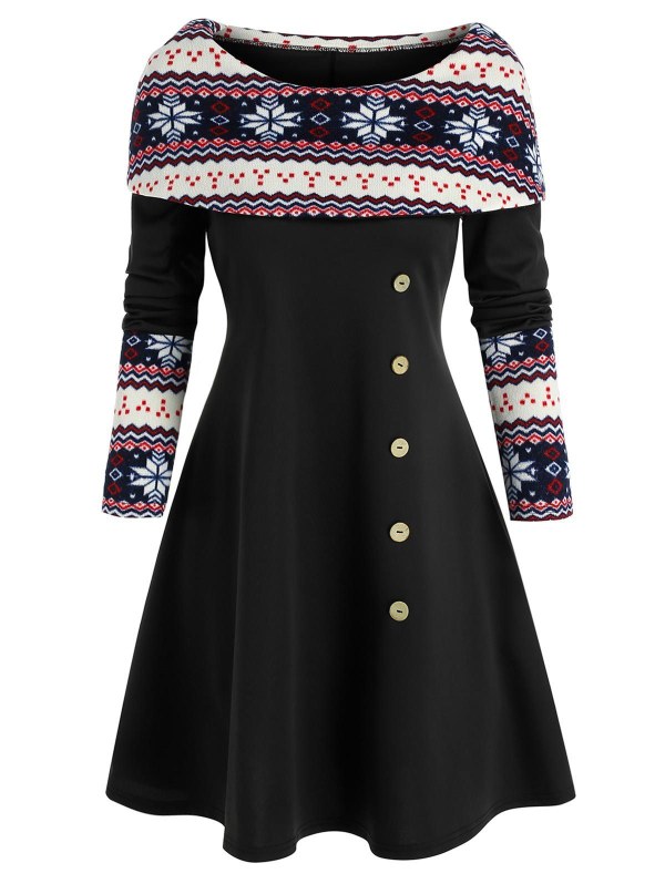 Snowflake Print Foldover Christmas Dress