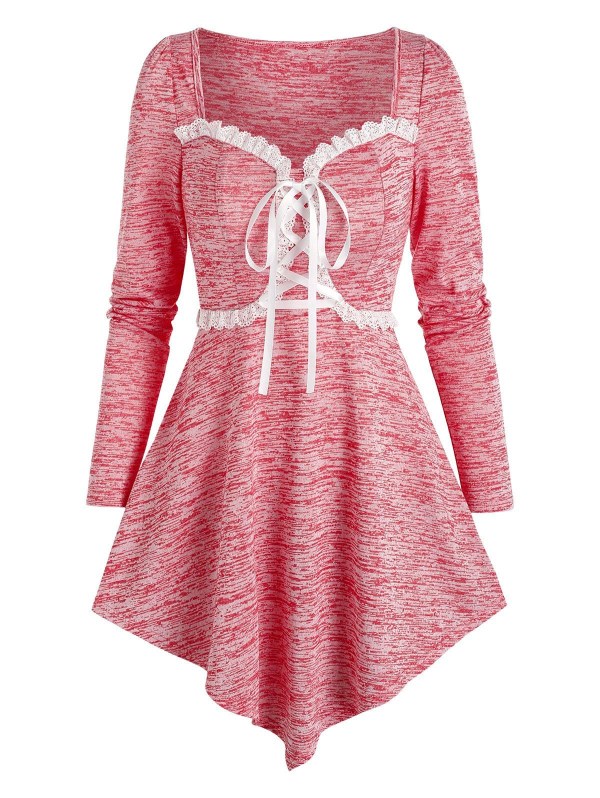 Space Dye Print Pointed Hem Lace-up T-shirt