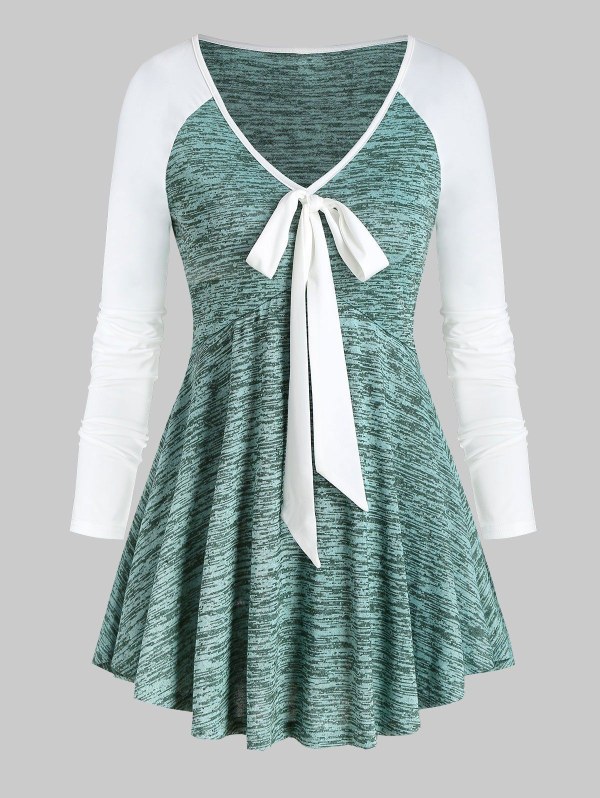 Space Dye Print Raglan Sleeve Bowknot T-shirt