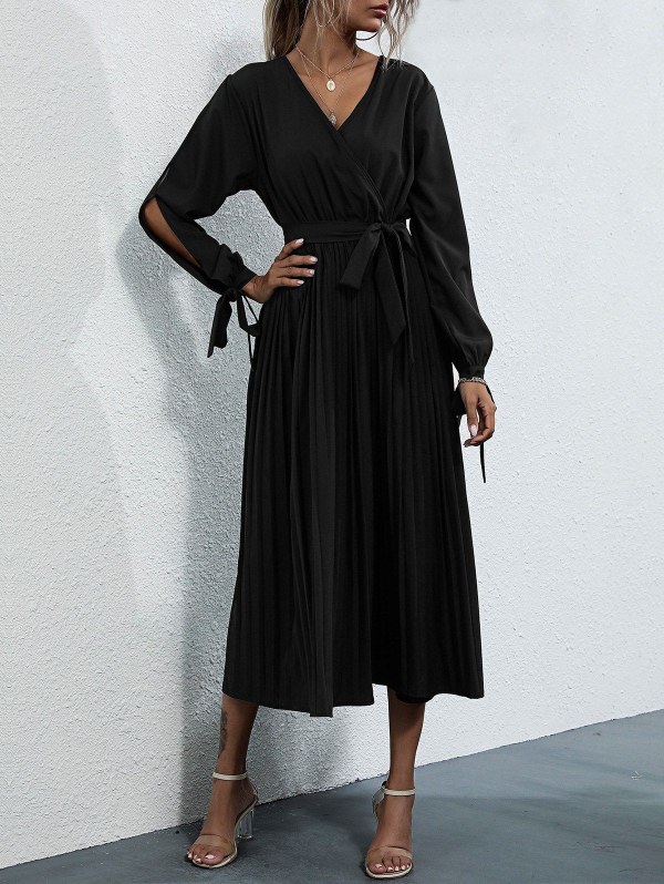 Split Sleeve Tie Cuffs Pleated Long Sleeve Surplice Dress