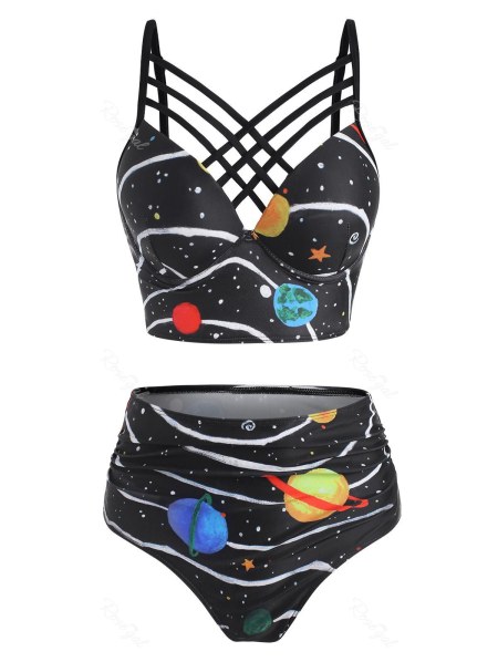 Star Planet Galaxy Print Caged Push Up Tankini Swimwear