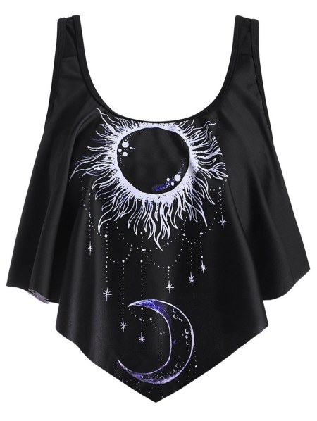 Star Sun Moon Print Flounce Overlay Swim Top