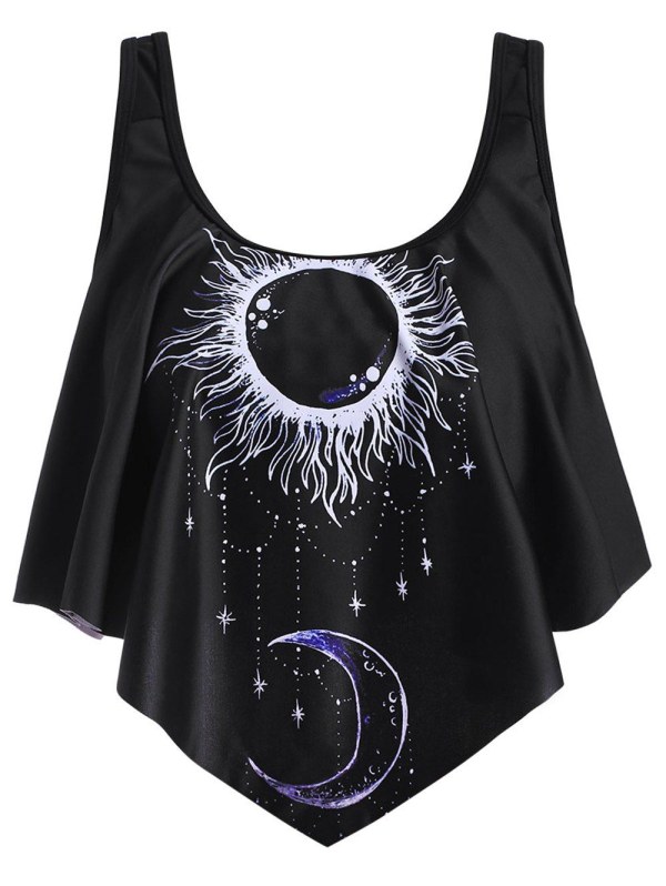Star Sun Moon Print Flounce Overlay Swim Top
