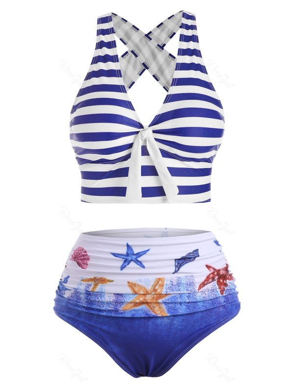 Striped Crisscross Plunging High Waisted Bikini Swimwear