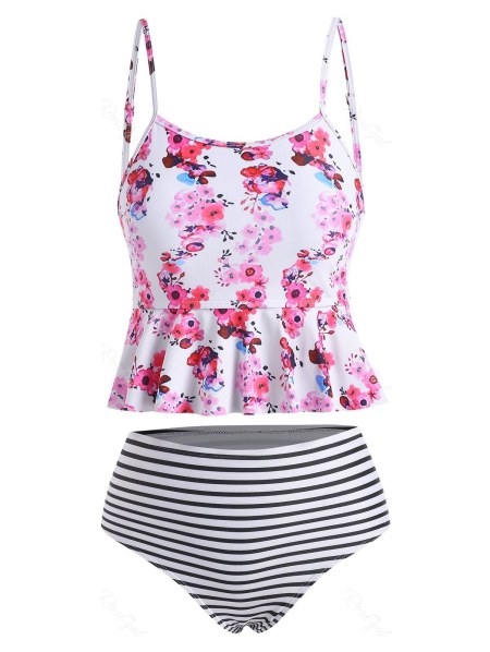 Striped Flower Lattice Peplum Tankini Swimwear