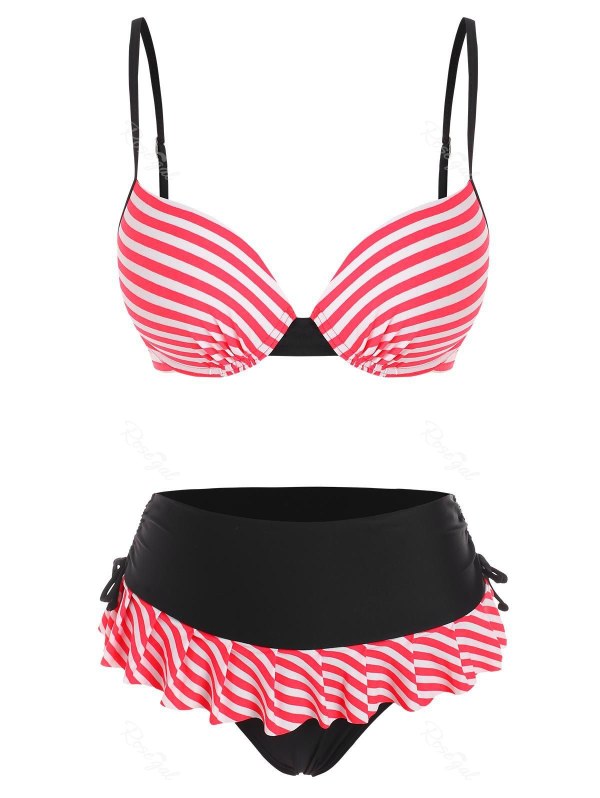 Striped Push Up Ruffled Tie Bikini Swimwear