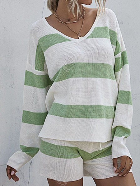 Striped Sweater And Drawstring Knit Shorts Set