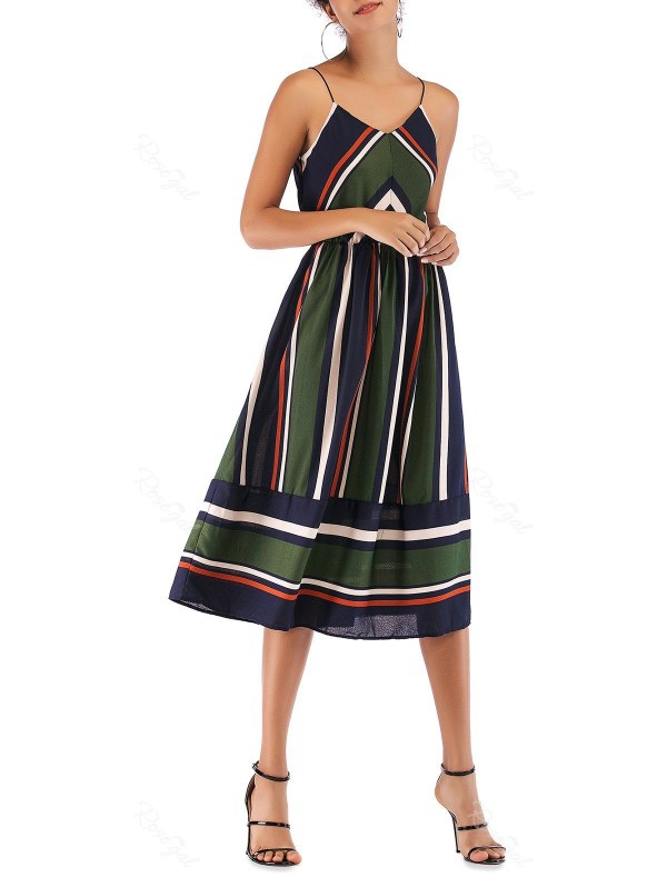Stripes Elastic Waist Cami Midi Dress