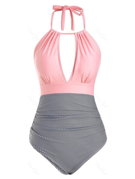 Stripes Panel Ruched Keyhole Cutout One-piece Swimsuit