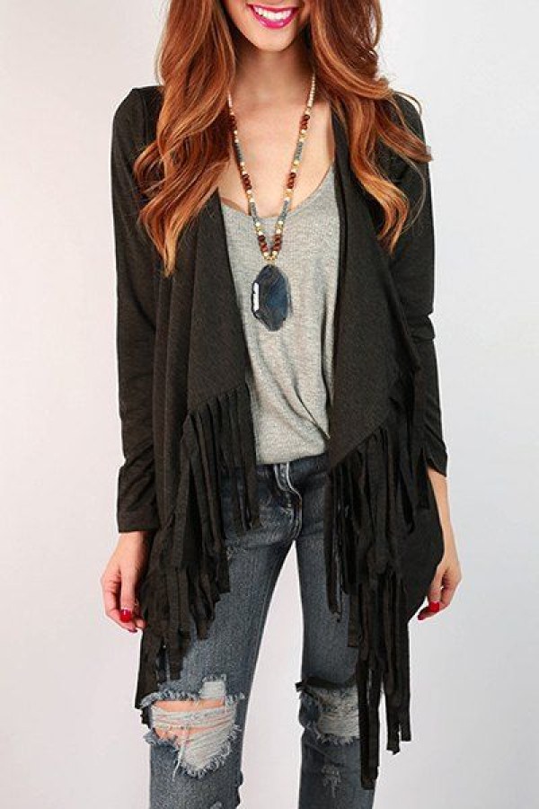 Stylish Collarless Long Sleeve Asymmetrical Women's Fringe Cardigan