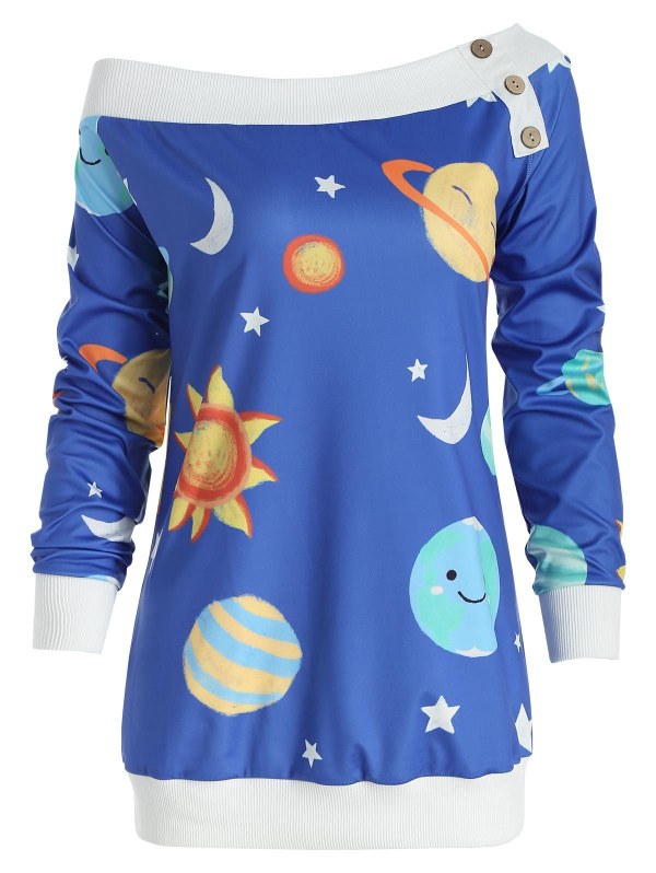 Sun And Moon Print Skew Neck Sweatshirt