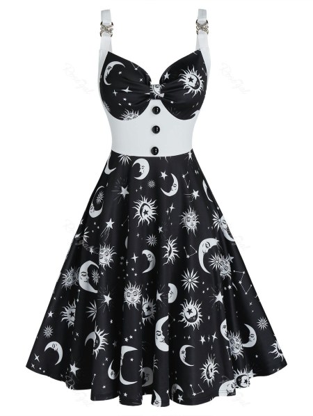 Sun Moon Star Print Sleeveless Flare Dress