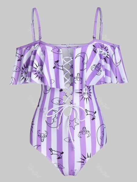 Sun Moon Star Striped Print Lace-up Padded One-piece Swimwear
