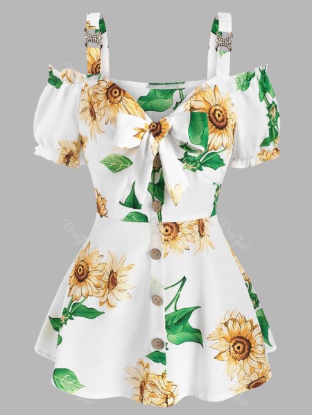 Sunflower Print Open Shoulder Ruffle Buttons Tied Blouse