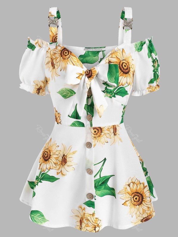 Sunflower Print Open Shoulder Ruffle Buttons Tied Blouse