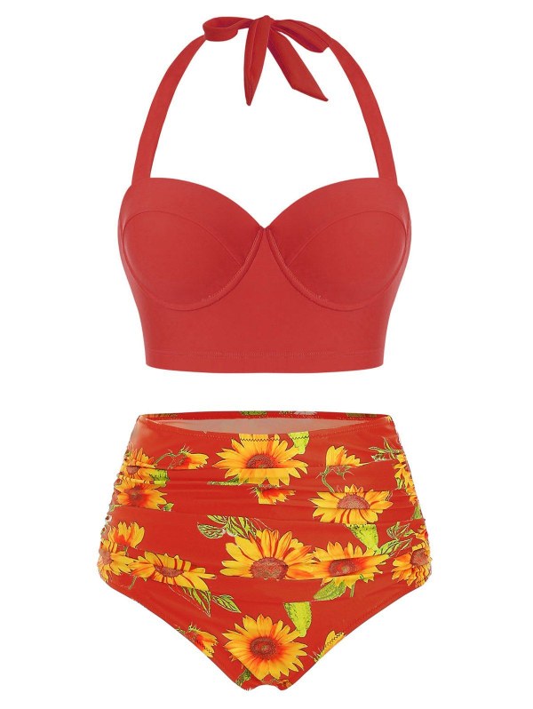 Sunflower Print Underwire Halter Bikini Swimsuit