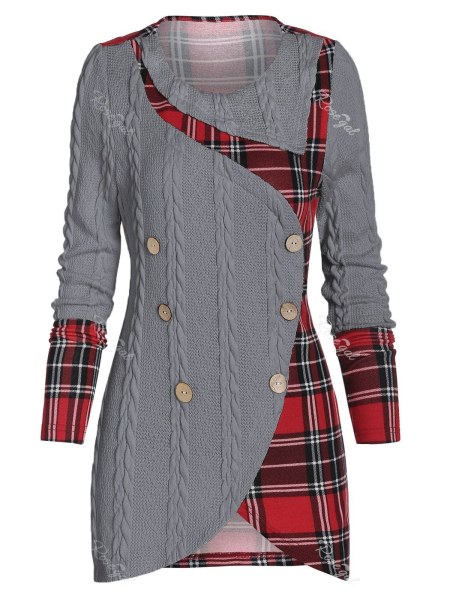 Tartan Panel Mock Button Asymmetric Sweater