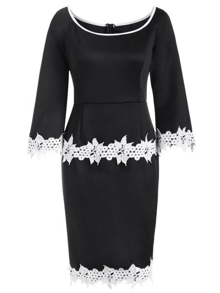 Three Quarter Sleeves Lace Trim Sheath Dress