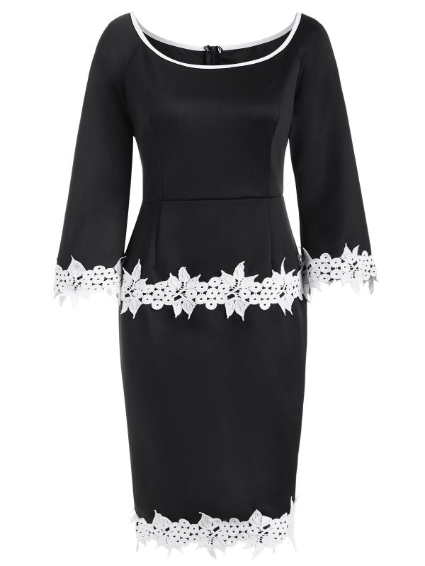 Three Quarter Sleeves Lace Trim Sheath Dress