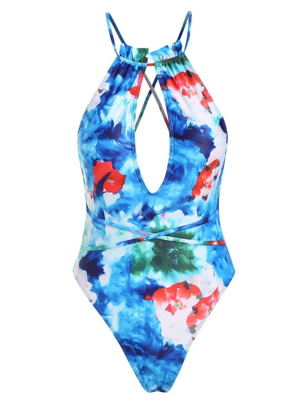 Tie Dye Floral Cutout Wrap-tie High Cut One-piece Swimsuit