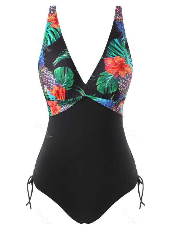 Tropical Flower Print Cinched Padded One-piece Swimwear