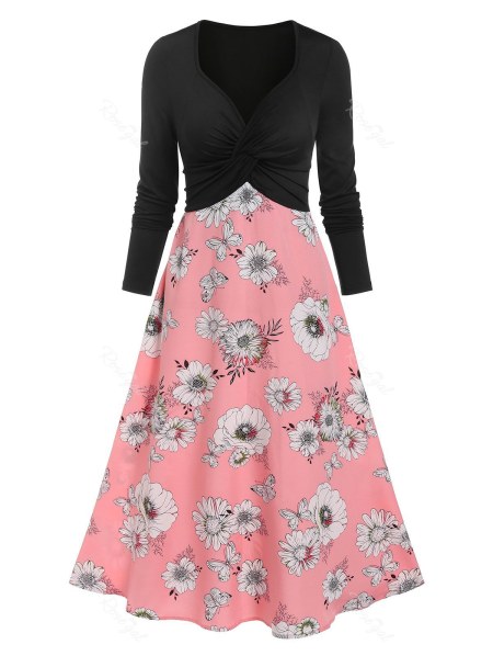 Twist Front Flowers Butterflies Print Dress