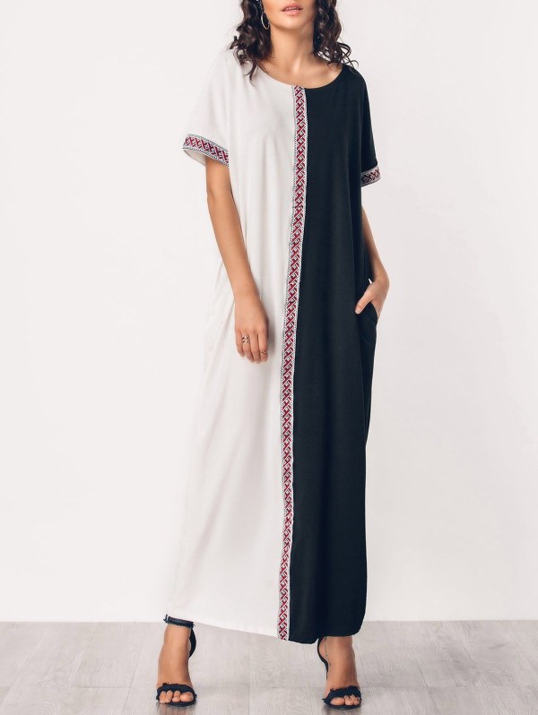 Two Tone Embroidered Panel Maxi Dress