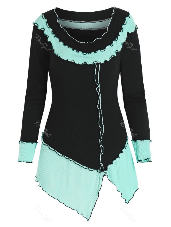 Two Tone Front Slit Long Sleeve T Shirt