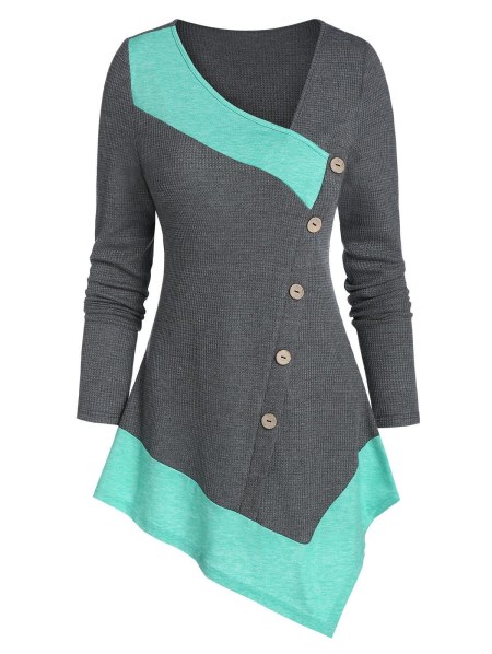 Two Tone Mock Button Asymmetric T Shirt