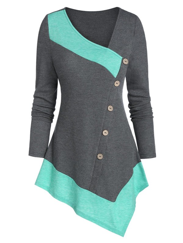 Two Tone Mock Button Asymmetric T Shirt