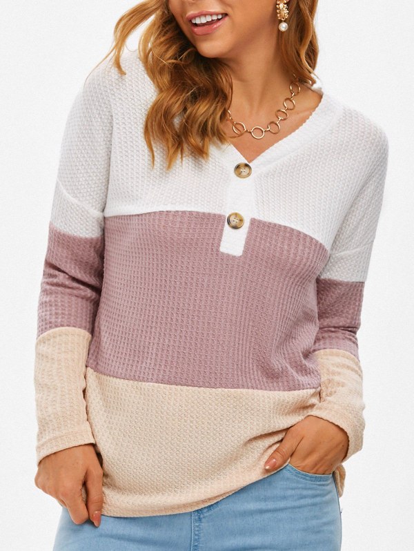 V Neck Colorblock Honeycomb Knitwear