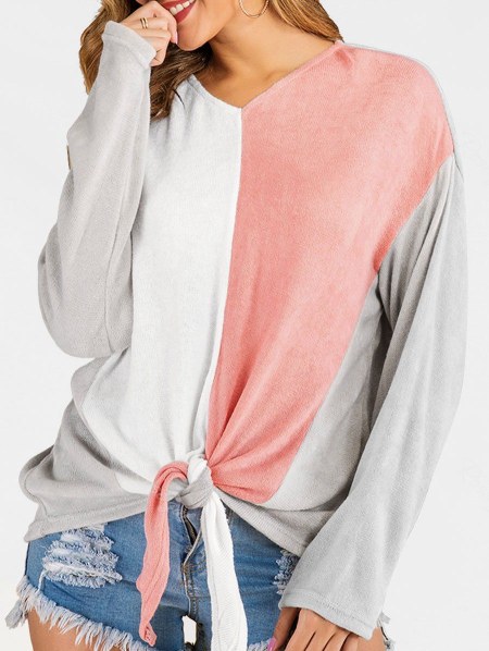V Neck Colorblock Self-tie Sweater