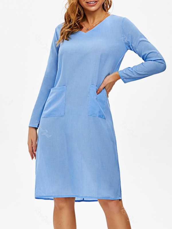 V Neck Front Pocket Shift Long Sleeve Dress
