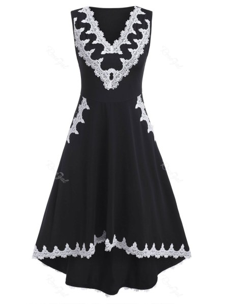 V Neck Lace Trim Sleeveless High Low Dress