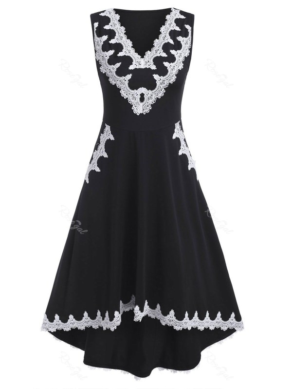 V Neck Lace Trim Sleeveless High Low Dress