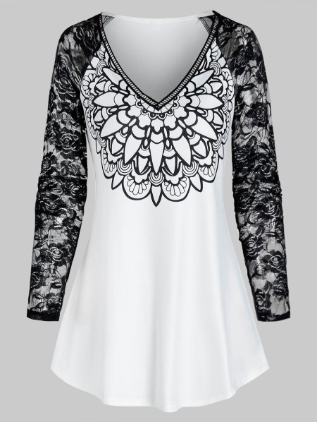 V Neck Printed Lace Raglan Sleeve T Shirt