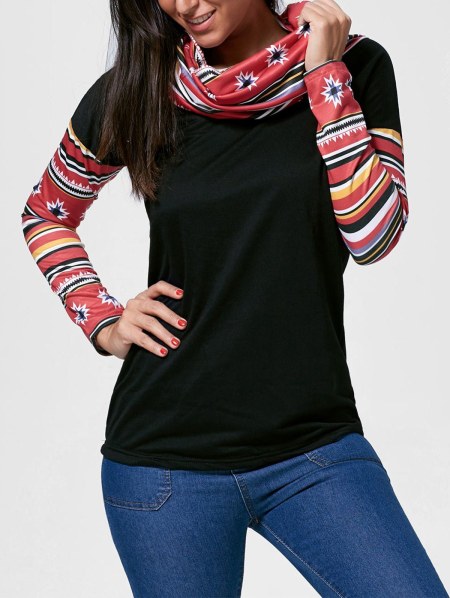 Vintage Cowl Neck Printed Long Sleeve T-shirt For Women