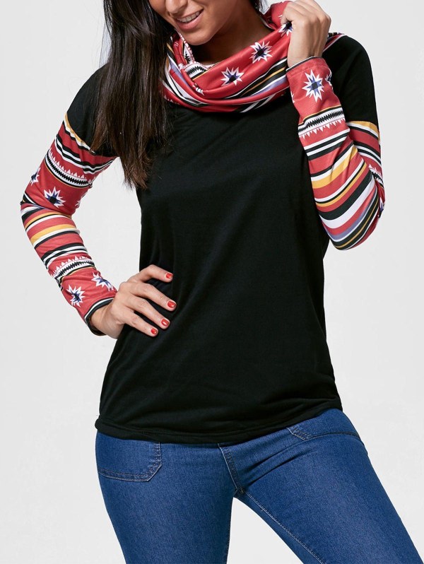 Vintage Cowl Neck Printed Long Sleeve T-shirt For Women