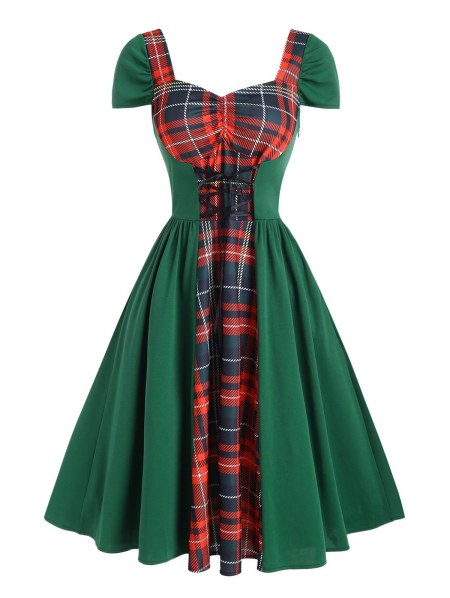 Vintage Lace Up Ruched Plaid Cap Sleeve Dress
