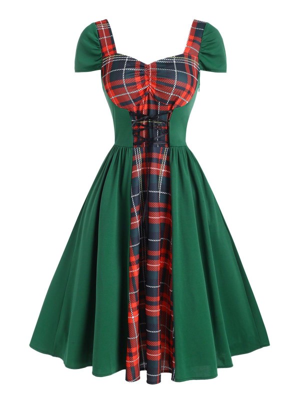 Vintage Lace Up Ruched Plaid Cap Sleeve Dress