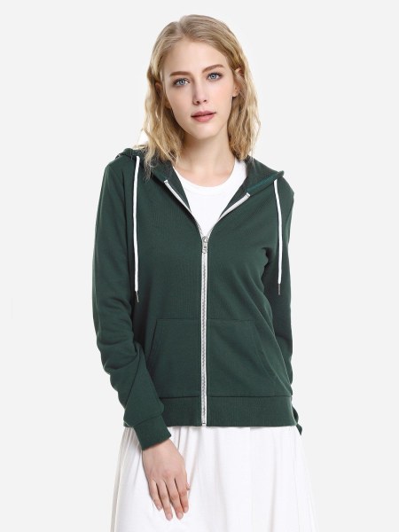 Zan.style Contrast Drawstring Zip Up Fleece Hoodie