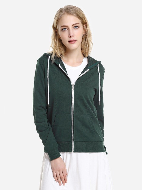 Zan.style Contrast Drawstring Zip Up Fleece Hoodie