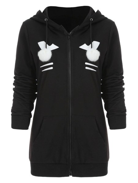 Zip Up Black Cat Hoodie With Pom Ball