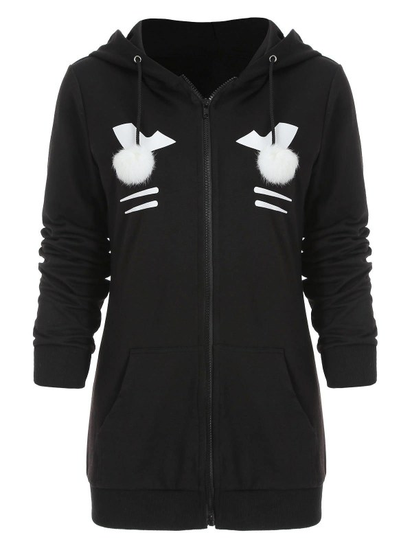 Zip Up Black Cat Hoodie With Pom Ball