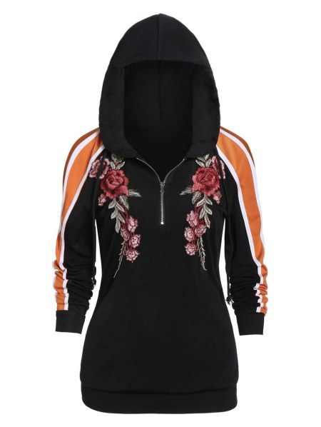 Zippered Long Sleeve Embroidered Hoodie